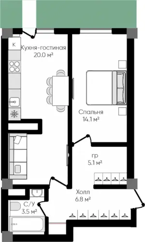 3 xonali kvartira − 49.5 m², 1/9 qavat
