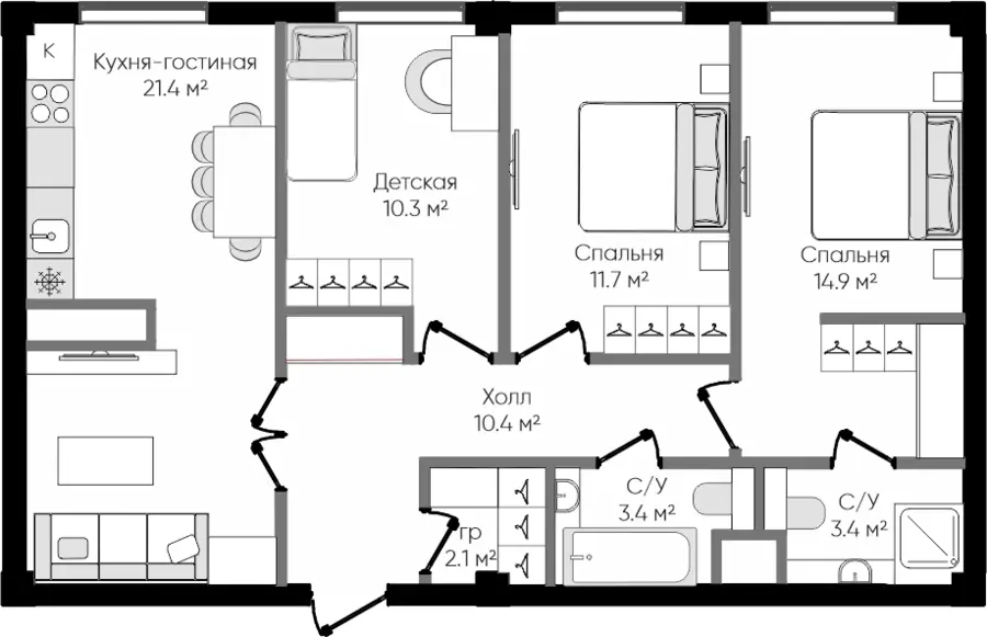 4-комнатная квартира − 77.6 м², 2/9 этаж
