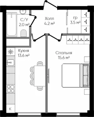 1 xonali kvartira − 38.4 m², 2/9 qavat