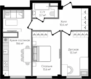 3 xonali kvartira − 60.4 m², 2/9 qavat
