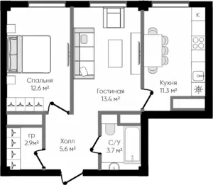 2 xonali kvartira − 49.5 m², 2/9 qavat