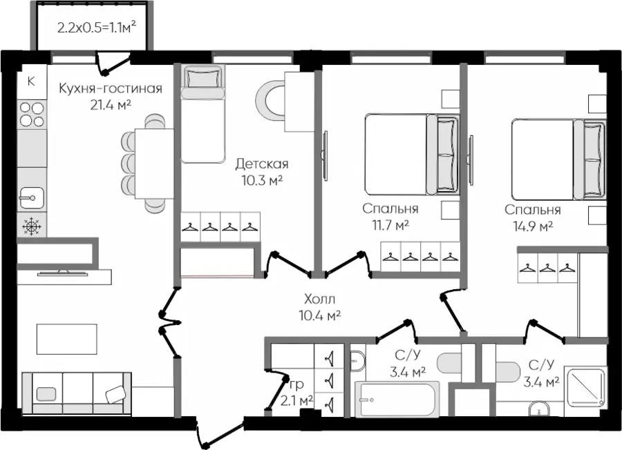 4-комнатная квартира − 78.7 м², 9/9 этаж