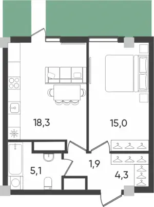 1 xonali kvartira − 44.6 m², 1/9 qavat