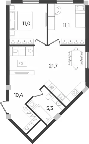 3 xonali kvartira − 59.5 m², 2/9 qavat