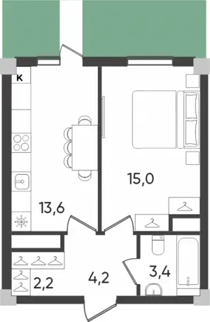 1 xonali kvartira − 38.2 m², 1/9 qavat