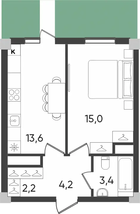 1 xonali kvartira − 38.2 m², 1/9 qavat