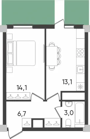 1 xonali kvartira − 36.9 m², 1/9 qavat