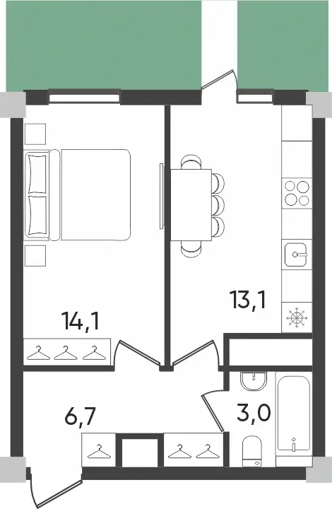 1 xonali kvartira − 36.9 m², 1/9 qavat