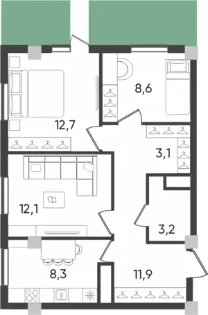 3 xonali kvartira − 59.3 m², 1/9 qavat