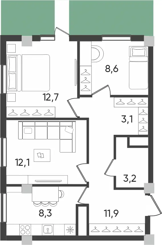 3 xonali kvartira − 59.3 m², 1/9 qavat
