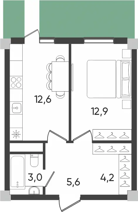 1 xonali kvartira − 38.3 m², 1/9 qavat