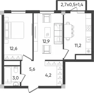 2-комнатная квартира − 50.85 м², 9/9 этаж