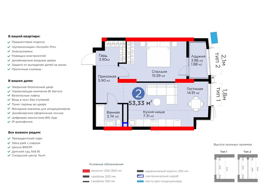 Продается 2-комнатная квартира − 55.31 м²
