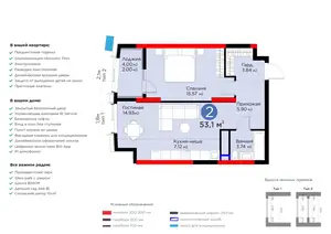 2-комнатная квартира − 55.1 м², 7/15 этаж