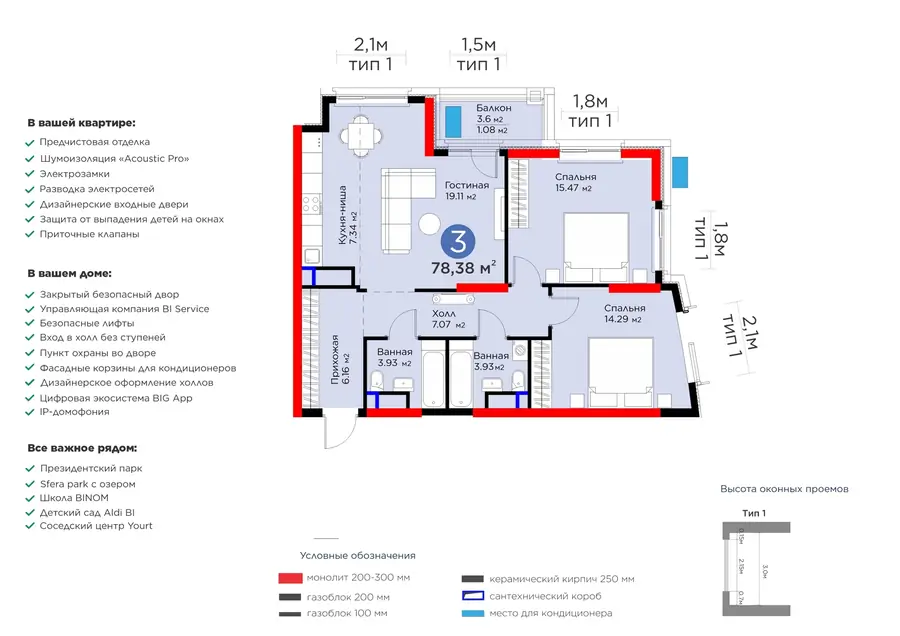 3 xonali kvartira − 80.9 m², 10/15 qavat
