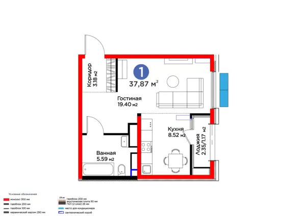 1 xonali kvartira − 39.04 m², 11/16 qavat