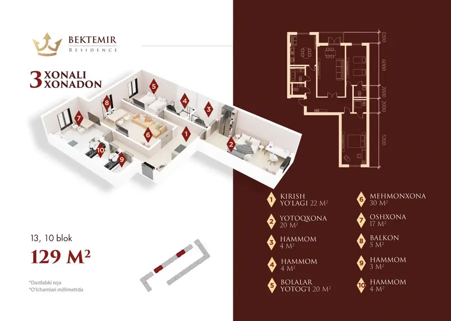 3 xonali kvartira sotiladi − 129 m²