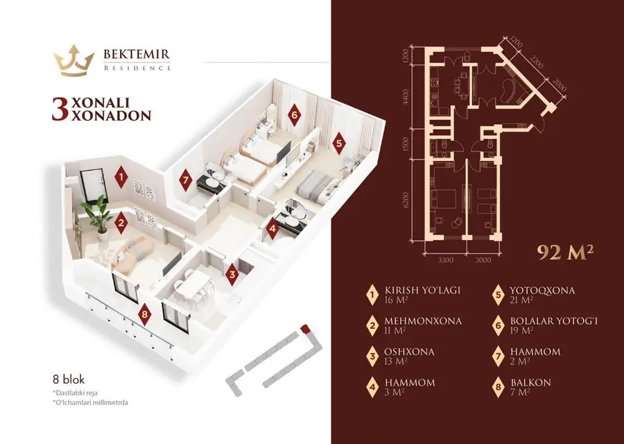 3 xonali kvartira sotiladi − 92 m²