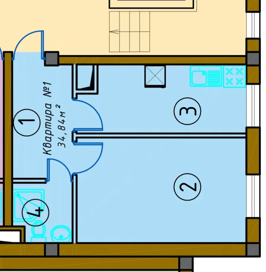 1 xonali kvartira − 34.8 m², 2/9 qavat