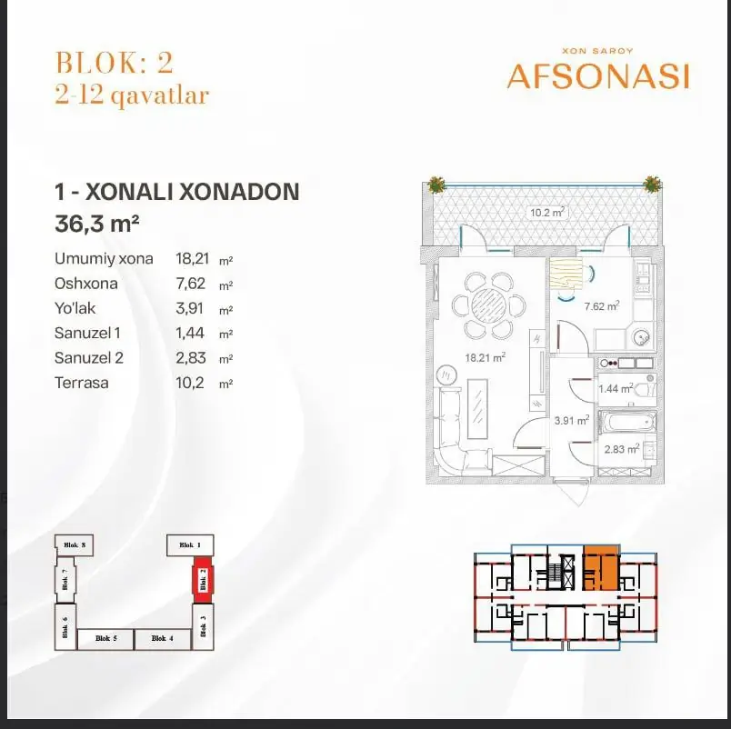 1 xonali kvartira − 36.3 m², 7/16 qavat