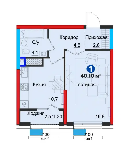 1 xonali kvartira sotiladi − 40.1 m²