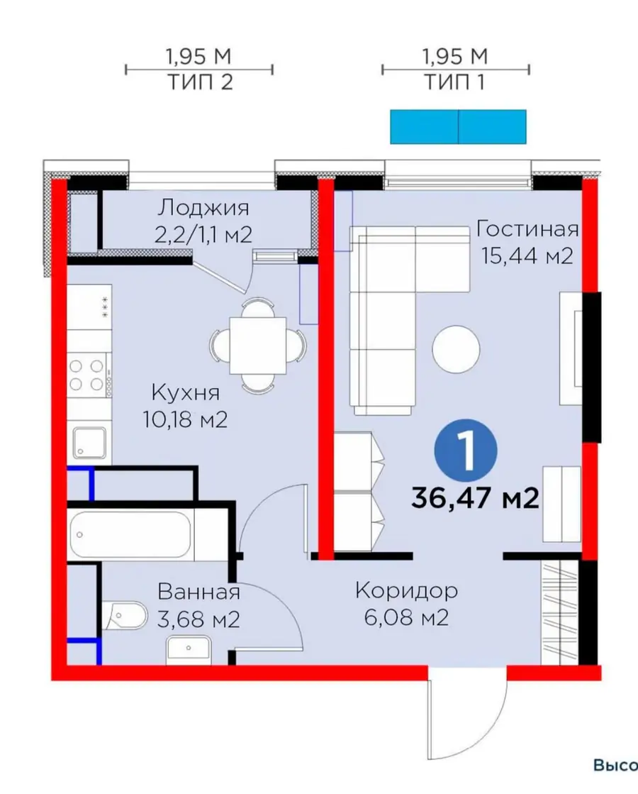 1 xonali kvartira sotiladi − 36.5 m²