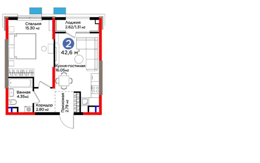 2 xonali kvartira sotiladi − 41.5 m²