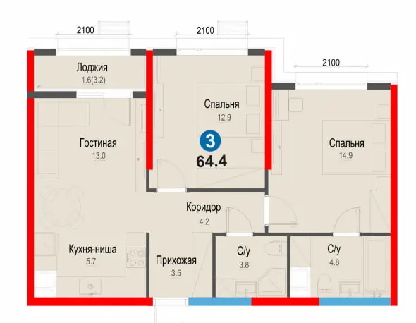 Продается 3-комнатная квартира − 64.1 м²