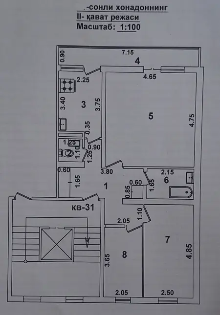 3 xonali kvartira − 71 m², 2/9 qavat