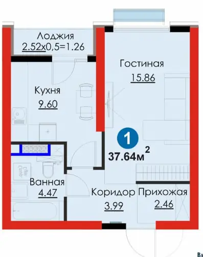 1 xonali kvartira sotiladi − 37.6 m²