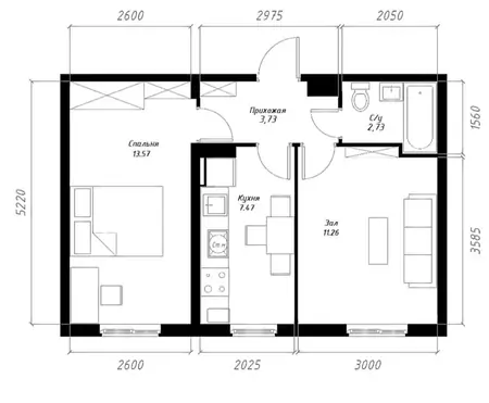2-комнатная квартира − 40 м², 1/5 этаж