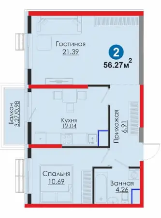 Продается 2-комнатная квартира − 56.3 м²