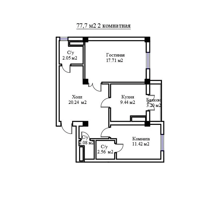 2 xonali kvartira sotiladi − 77.7 m²