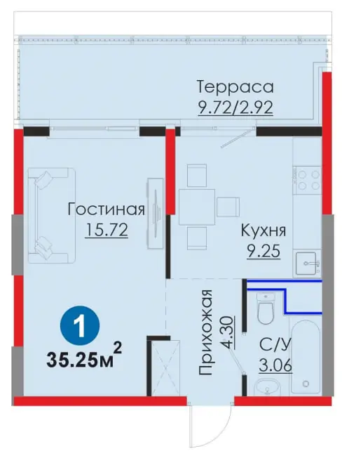 Продается 1-комнатная квартира − 35.3 м²