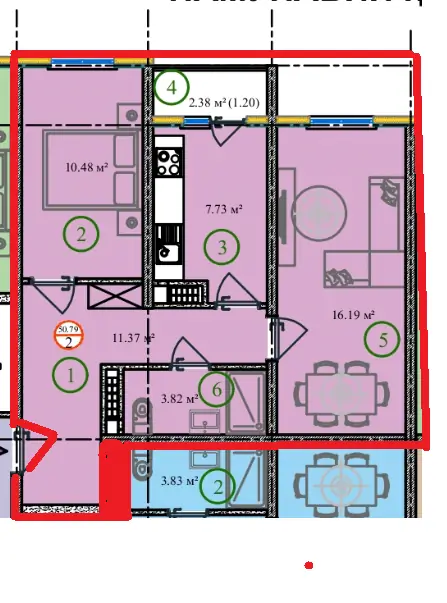 Продается 2-комнатная квартира − 50.9 м²