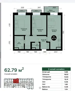 2 xonali kvartira sotiladi − 62.8 m²