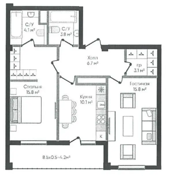 2 xonali kvartira − 63.6 m², 5/9 qavat