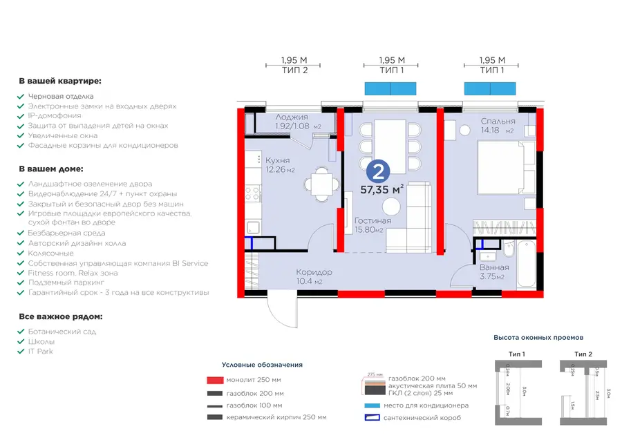 Продается 2-комнатная квартира − 58.31 м²