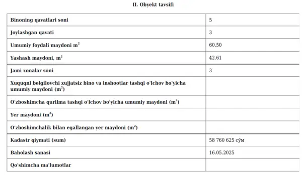 62.5% 3 xonali kvartirada − 60.5 m², 3/5 qavat 