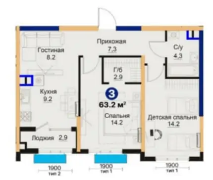2 xonali kvartira sotiladi − 63.2 m²