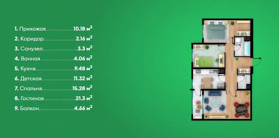 3 xonali kvartira sotiladi − 76.6 m²