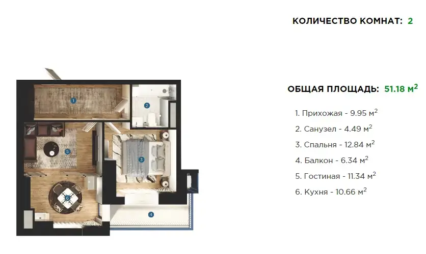 2 xonali kvartira sotiladi − 51.2 m²