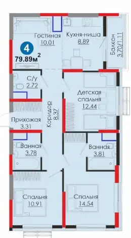 3 xonali kvartira sotiladi − 79.9 m²
