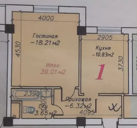 1 xonali kvartira − 39.5 m², 6/9 qavat