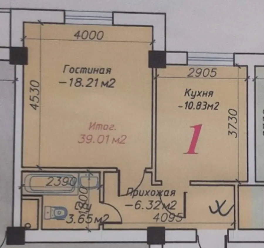 Продается 1-комнатная квартира − 39.5 м²