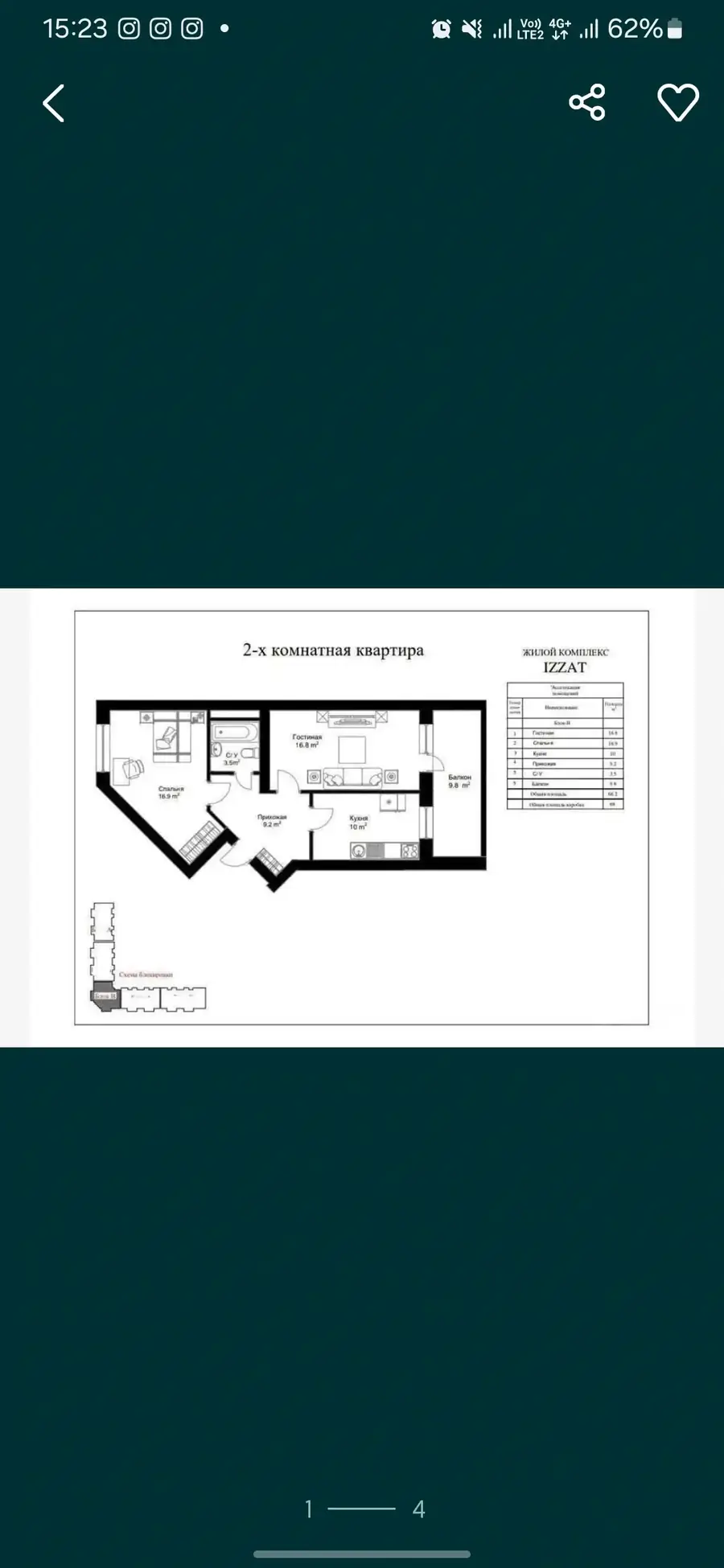 3 xonali kvartira sotiladi − 65 m²