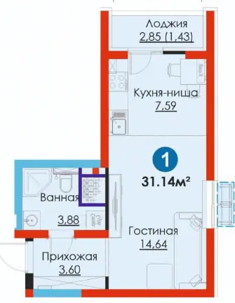 1 xonali kvartira sotiladi − 31.1 m²