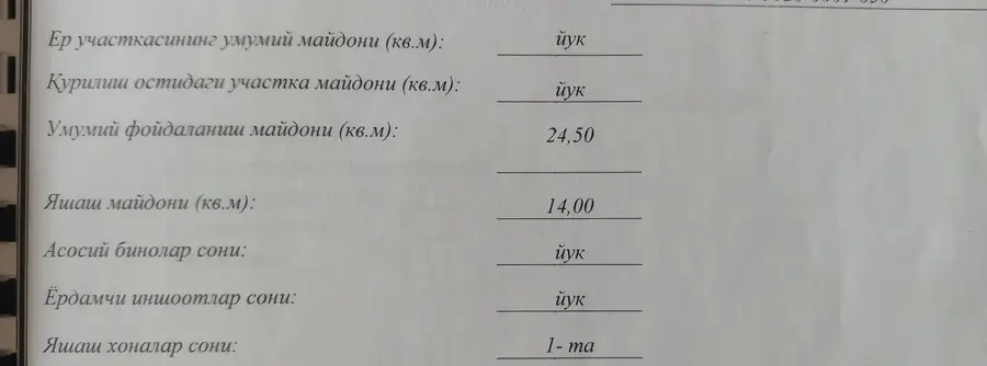 1 xonali kvartira sotiladi − 24.5 m²