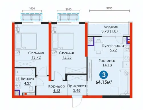3 xonali kvartira sotiladi − 64.2 m²