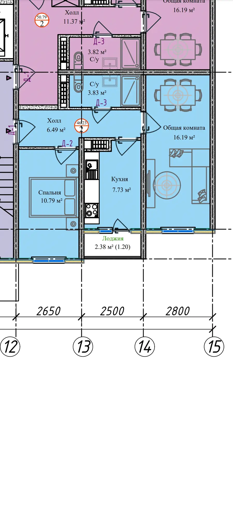 Продается 2-комнатная квартира − 46 м²